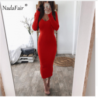 Nadafair knitted sweater bodycon long winter dresses women autumn v neck long sleeve sexy 